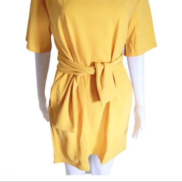 NWT BOOHOO Structured Tie Waist Dress With Scoop Neck Mustard Yellow Size 4 - Picture 6 of 12
